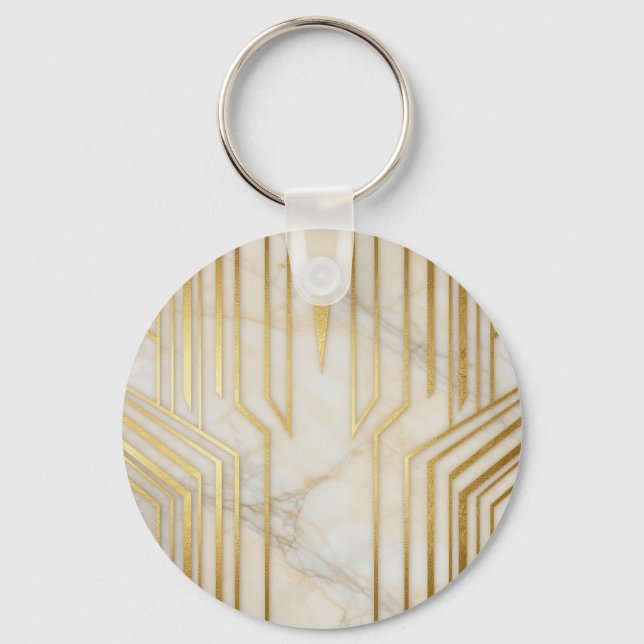 Luxury White Marble Gold Geometric Pattern Keychain (Front)