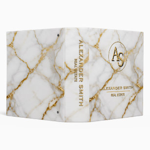 Luxury White Marble Gold Monogram Real Estate 3 Ring Binder