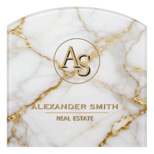 Luxury White Marble Gold Monogram Real Estate Door Sign
