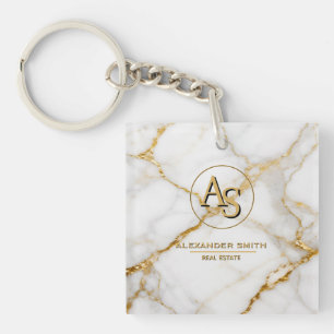 Luxury White Marble Gold Monogram Real Estate Keychain
