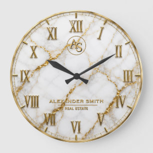 Luxury White Marble Gold Monogram Real Estate Large Clock