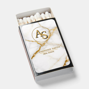 Luxury White Marble Gold Monogram Real Estate Matchboxes