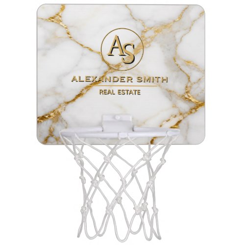 Luxury White Marble Gold Monogram Real Estate Mini Basketball Hoop