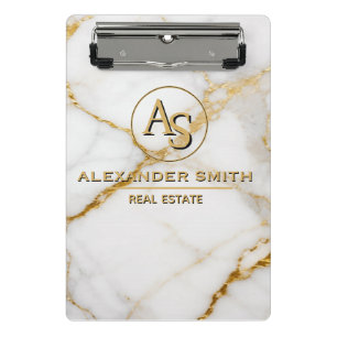 Luxury White Marble Gold Monogram Real Estate  Mini Clipboard