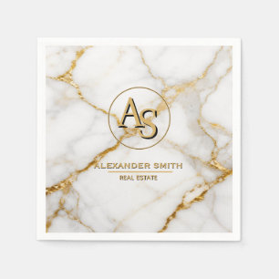 Luxury White Marble Gold Monogram Real Estate Napkins