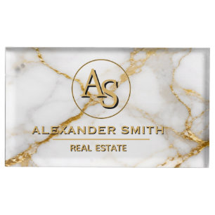Luxury White Marble Gold Monogram Real Estate Place Card Holder