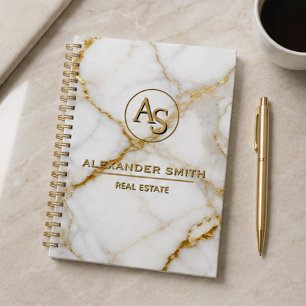 Luxury White Marble Gold Monogram Real Estate Planner