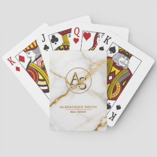 Luxury White Marble Gold Monogram Real Estate Poker Cards