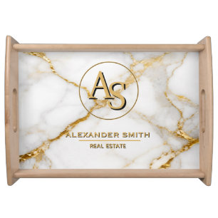 Luxury White Marble Gold Monogram Real Estate  Serving Tray