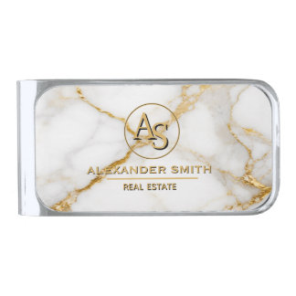Luxury White Marble Gold Monogram Real Estate Silver Finish Money Clip