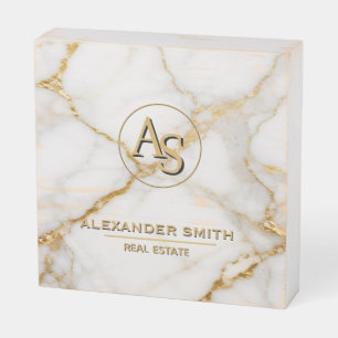 Luxury White Marble Gold Monogram Real Estate  Wooden Box Sign