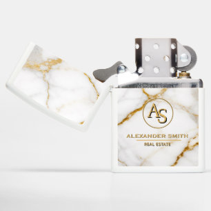 Luxury White Marble Gold Monogram Real Estate Zippo Lighter