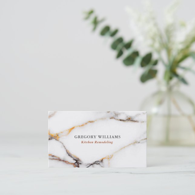 Luxury white marble texture gold and gray accents business card (Standing Front)