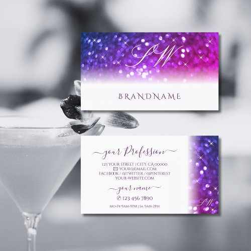 Luxury White Pink Purple Sparkle Glitter Initials Business Card