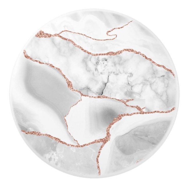 Luxury White Rose Gold Agate Geode Glitter Ceramic Knob (Front)
