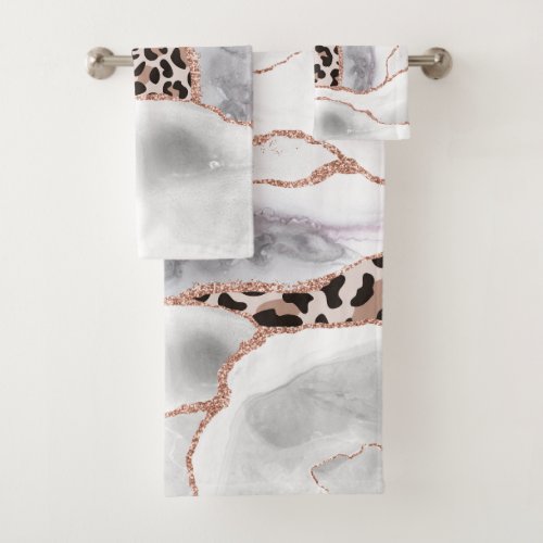 Luxury White Rose Gold Agate Leopard Print Bath Towel Set