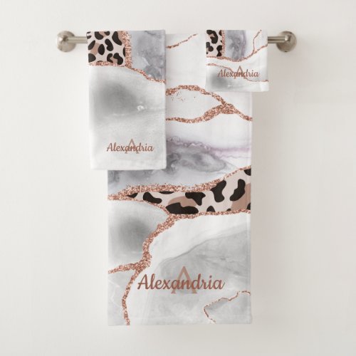 Luxury White Rose Gold Agate Leopard Print Bath Towel Set