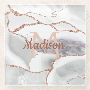 Luxury White Rose Gold Agate Monogram Glitter Glass Coaster