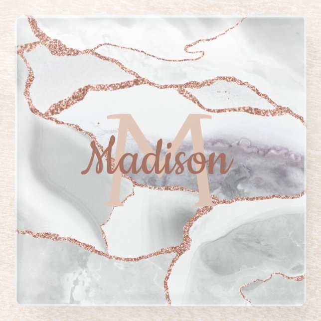 Luxury White Rose Gold Agate Monogram Glitter Glass Coaster (Front)