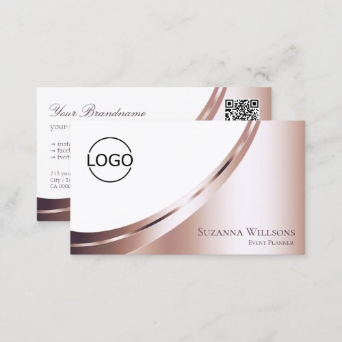 Luxury White Rose Gold Decor with Logo and QR_Code Business Card