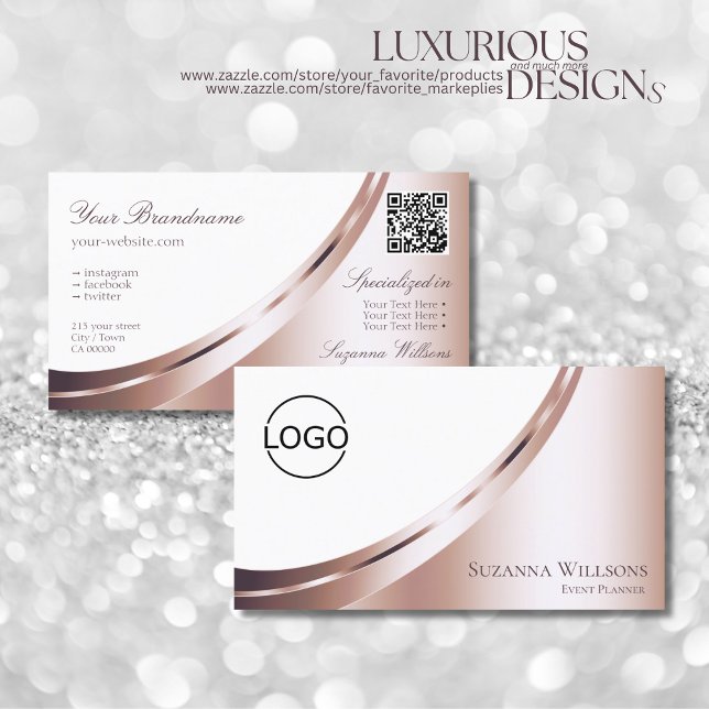 Luxury White Rose Gold Decor with Logo and QR-Code Business Card (Creator Uploaded)