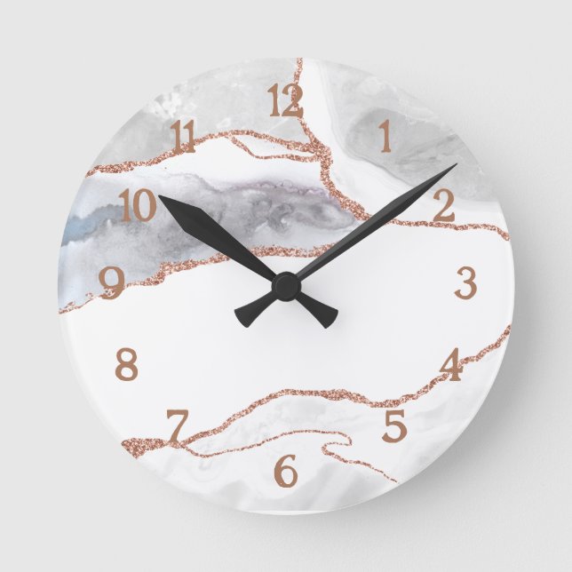 Luxury White Rose Gold Glitter Agate  Round Clock (Front)