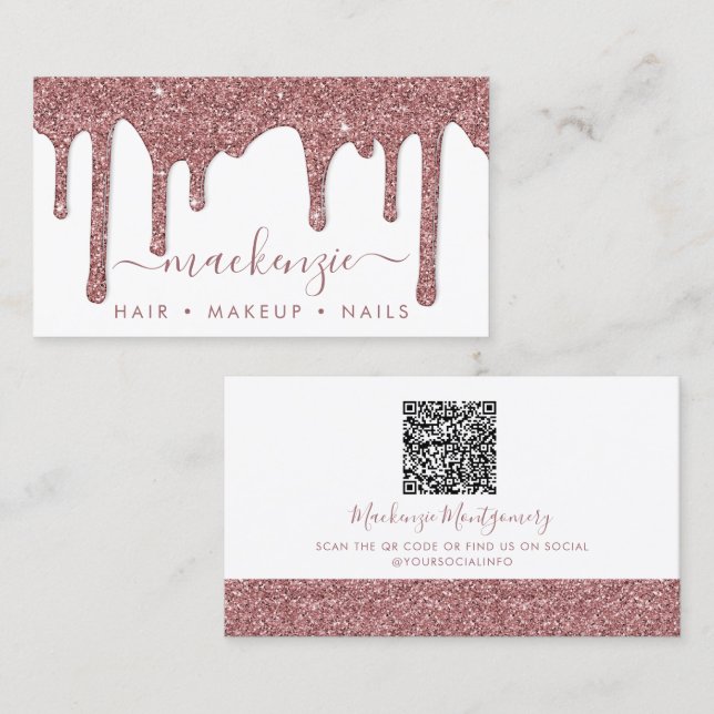 Luxury White Rose Gold Sparkle Glitter Drips QR Co Business Card (Front/Back)
