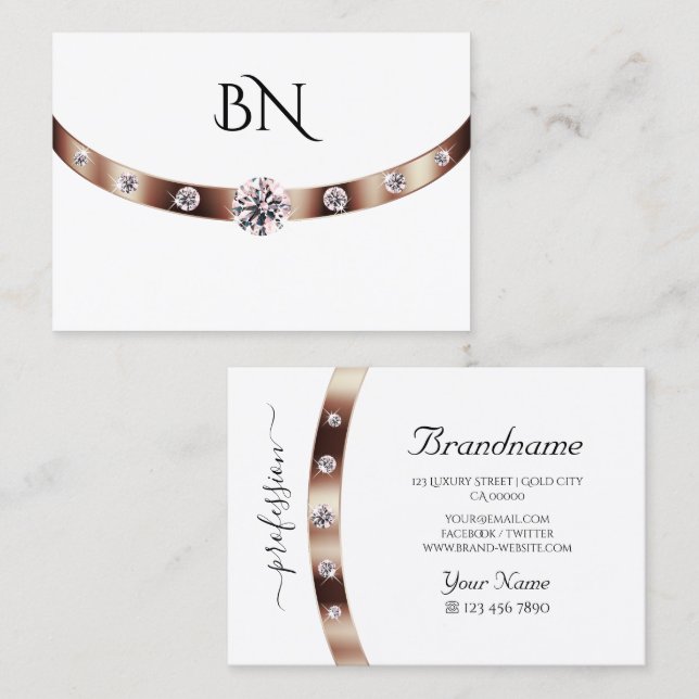 Luxury White Rose Gold with Monogram and Diamonds Business Card (Front/Back)