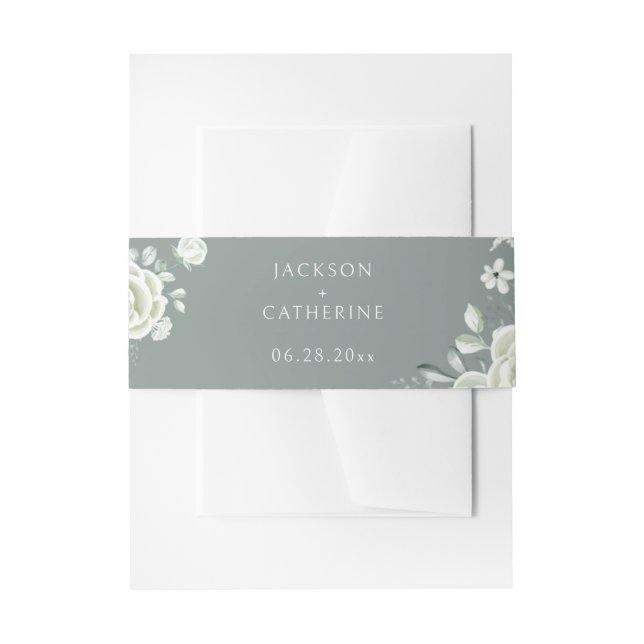 Luxury White Rose Sage Green Wedding  Invitation Belly Band (Front Example)