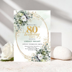 Luxury White Roses Eucalyptus 80th Birthday Invite