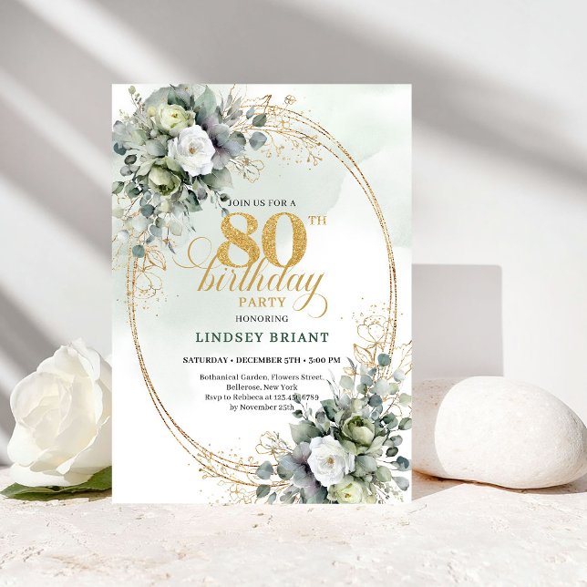 Luxury White Roses Eucalyptus 80th Birthday Invite (Luxury White Roses Eucalyptus 80th Birthday Invite)
