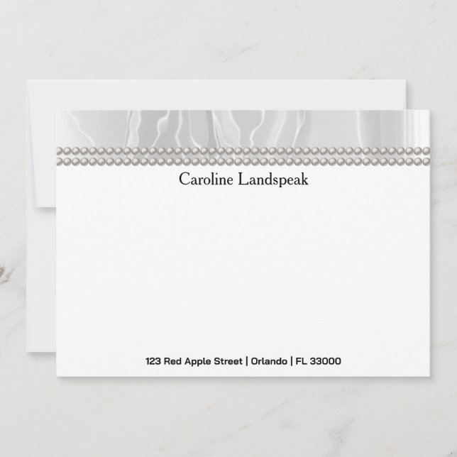 Luxury White Silk Pearls Custom Name, Address Note Card (Front)