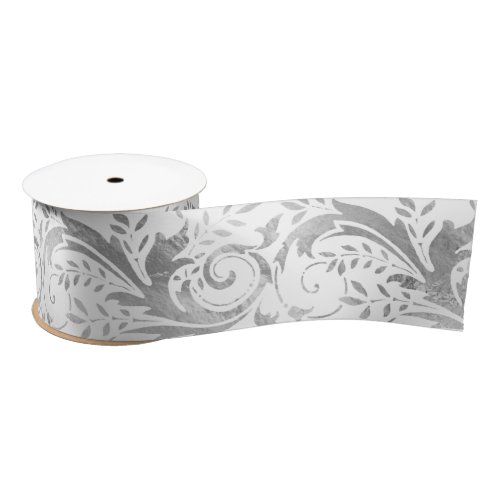 Luxury White Silver Foil Ornate Floral Pattern Satin Ribbon