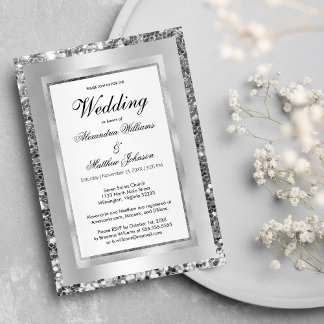 Luxury white silver sequin frame elegant Wedding Invitation