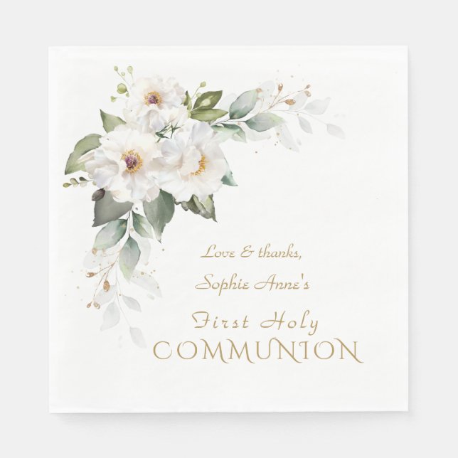 Luxury White Wild Roses First Holy Communion Napkins (Front)