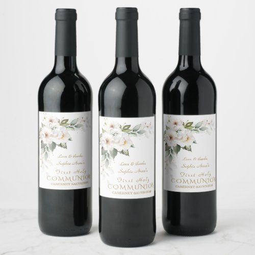 Luxury White Wild Roses First Holy Communion  Wine Label