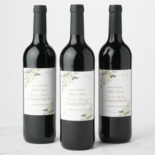 Luxury White Wild Roses First Holy Communion  Wine Label