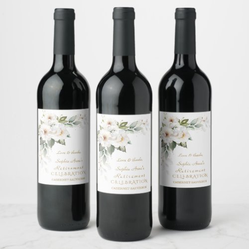 Luxury White Wild Roses Retirement Celebration Wine Label