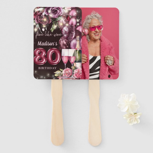 Luxury Wine 80th Birthday Photo Hand Fan (Front and Back)