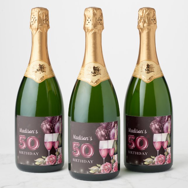 Luxury Wine & Balloons 50th Birthday Sparkling Wine Label (Bottles)
