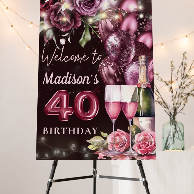 Luxury Wine Magenta 40th Birthday Welcome Sign (In Situ (Stand))