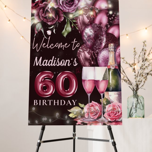 Luxury Wine Magenta 60th Birthday Welcome Sign (In Situ (Stand))