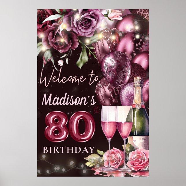 Luxury Wine Magenta 80th Birthday Welcome Sign (Front)
