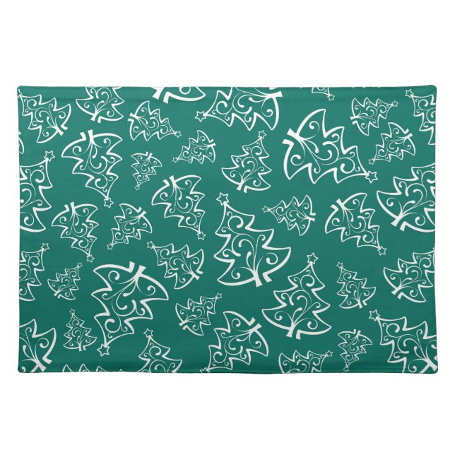 Luxury Winter Green and White Christmas Trees Cloth Placemat (Front)