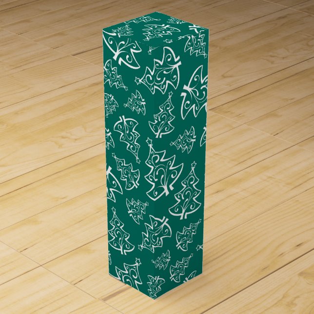 Luxury Winter Green and White Christmas Trees Wine Box (Front)