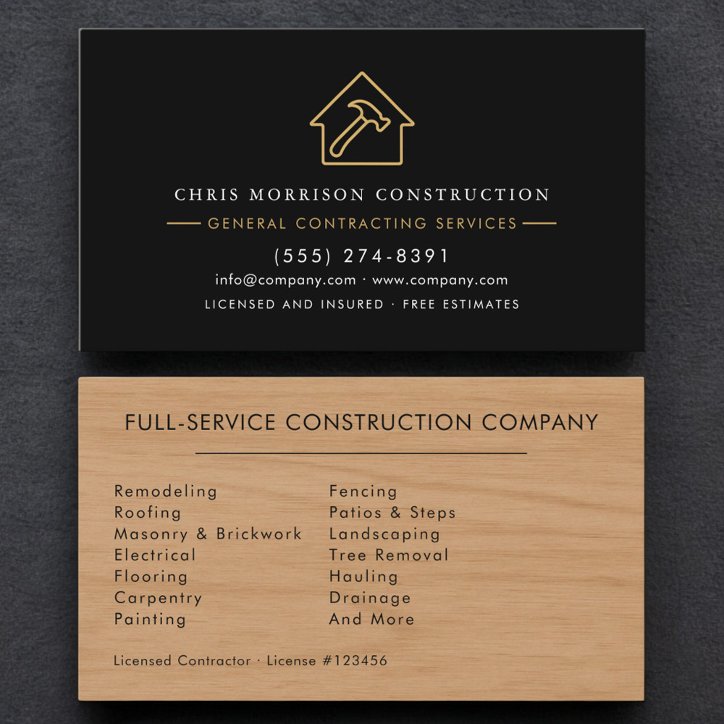 Luxury Wood Grain Black Gold Construction Business Card