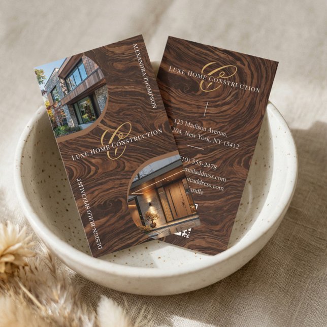 Luxury Woodgrain Monogram Home Contractor Photo Business Card (Luxury Woodgrain Monogram Home Contractor Photo Business Card)