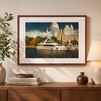 Luxury Yacht Wall Art Coastal Harbor Scene