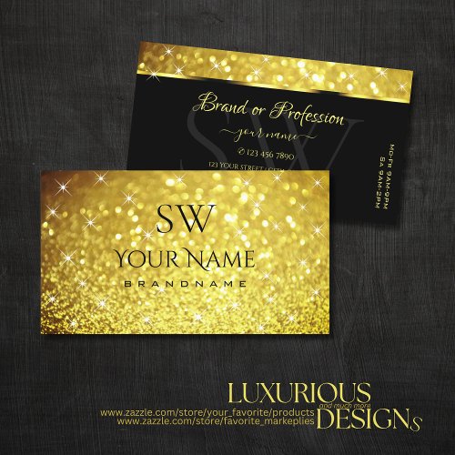 Luxury Yellow Gold Glitter Luminous Stars Initials Business Card
