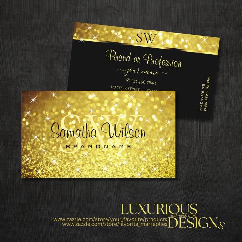 Luxury Yellow Gold Glitter Luminous Stars Monogram Business Card
